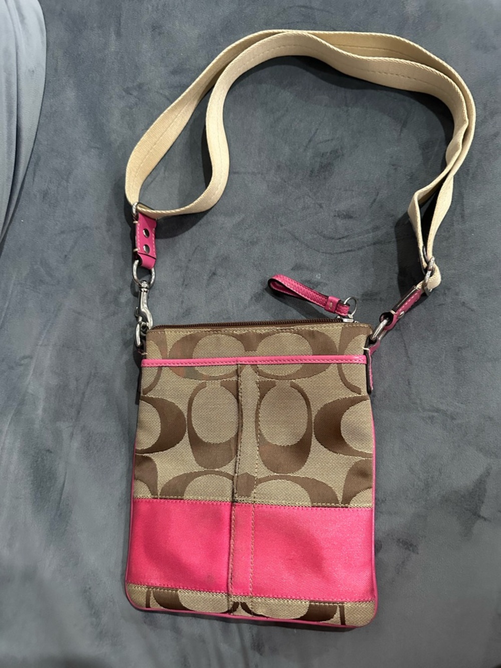 Coach Khaki Brown Canvas Crossbody with Pink Leather Trim